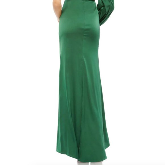 MAC DUGGAL 11251 ONE SHOULDER LONG SLEEVE DRAPED CHARMEUSE EMERALD GREEN sz 4 - Picture 6 of 6